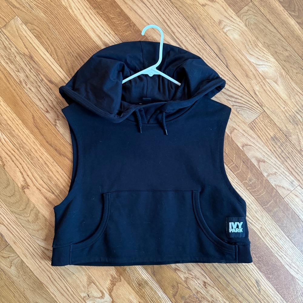 Ivy Park Black Cropped Sleeveless Hoodie with Logo Patch Small
